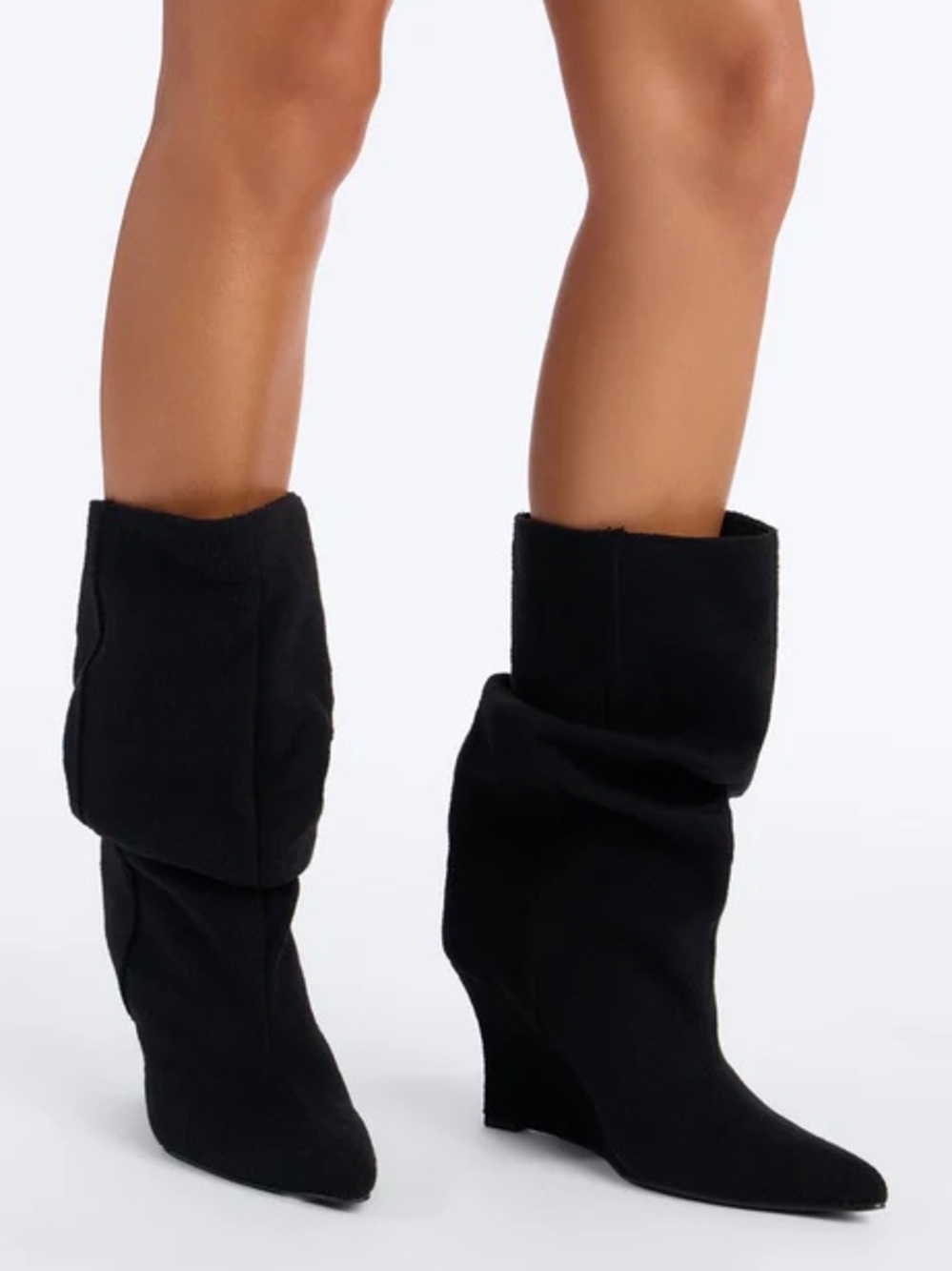 Fashion Nova Black Slouchy Wedge Mid-Calf Boots